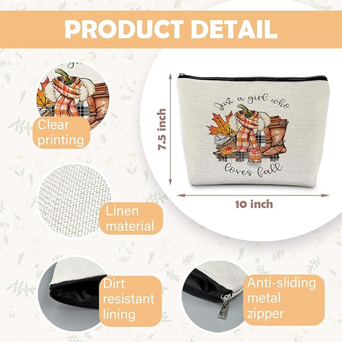 Just a Girl Who Loves Fall Makeup Bag, Fall Gifts for Women, Fall Lovers Gifts, Autumn Pumpkin Coffee Cosmetic Bag for Women, Fall Themed Gifts, Womens Makeup Bag, Fall Makeup Pouch