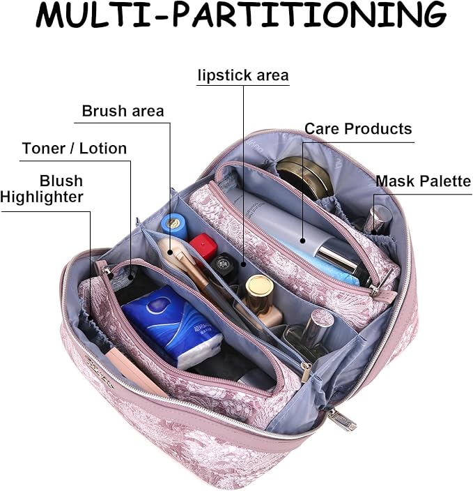 BOYATU Travel Makeup Bag for Women: Large Capacity Make up Bag with Compartments - Vegan Leather Cosmetic Bag set of 3 - Waterproof Toiletry Bag with Handle & Divider(E-1-Purple)