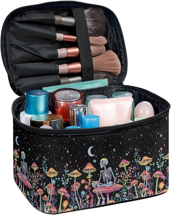 Colorful Mushroom Skull Floral Pattern Travel Makeup Bag for Women Large Capacity Cosmetic Bag with Zipper and Handle Portable Toiletry Bag Make Up Organizers