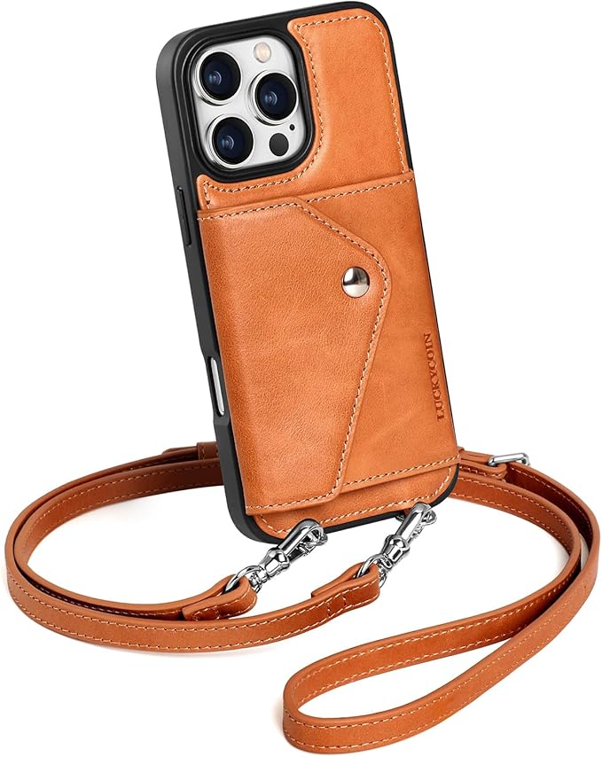 LUCKYCOIN Crossbody Wallet Phone Case for iPhone 16 Pro Max,100% Genuine Leather Wallet Phone Case with Expandable Flip Card Holder,Phone Purse for Women with Adjustable Removable Strap - Tan