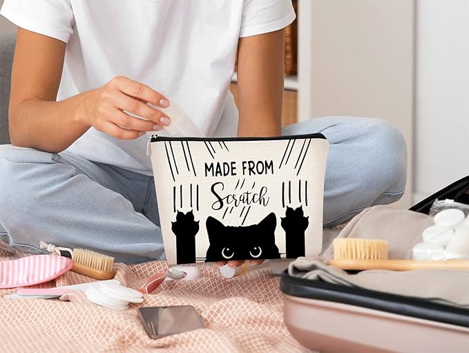 Cat Made From Scratch Funny Kitty Kitten Paw Makeup bag,Cosmetic Bag Zipper Travel Toiletry Bag Best Gift Idea for Cat Lovers Teen Girls,Cat Owners Gifts,Birthday Christmas's Gift