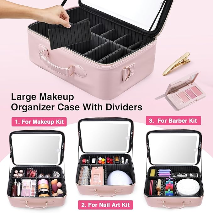 Large Makeup Bag with LED Mirror,Travel Cosmetic Train Case for Makeup Artists,Makeup Organizer Case with Divider Rechargeable Vanity Mirror with 3 Color Lights for Barber,MUA,Nail Tech, Pink