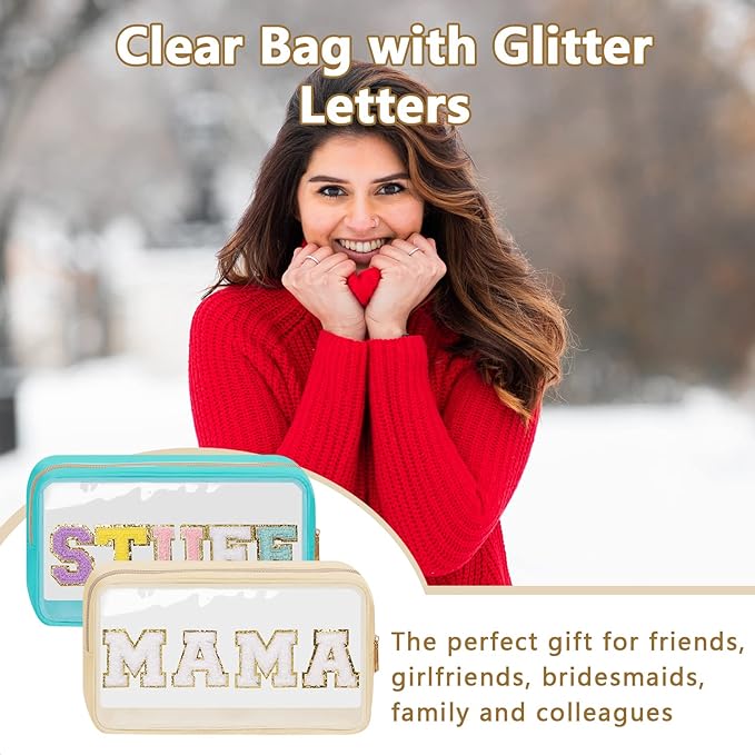 Iqimott Clear Patch Makeup Bag Mama Pouch, Preppy Personalized Chenille Letter Cosmetic Pouch for Travel, Nylon Waterproof Travel Essentials Zipper Toiletry Bags for Women Girls(MAMA, Beige)