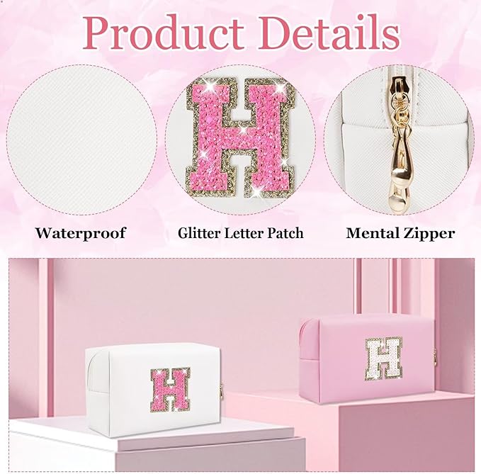 Small Personalized Glitter Initial Letter Makeup Bag, Cute PU Leather Chenille Letters Cosmetic Bag Travel Makeup Pouch, Preppy Travel Organizer Zipper Pouch for Women&Girls（WhiteRosePink-H）