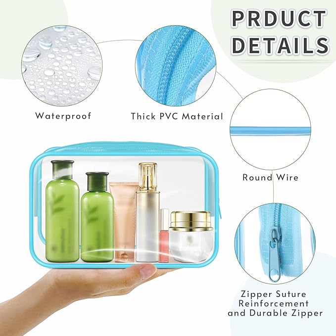 16 Pieces Clear Makeup Bags Bulk, TSA Approved Toiletry Bags Travel Pouch, Waterproof PVC Plastic Small Clear Cosmetic Bags with Zipper for Organizing (Blue Border)
