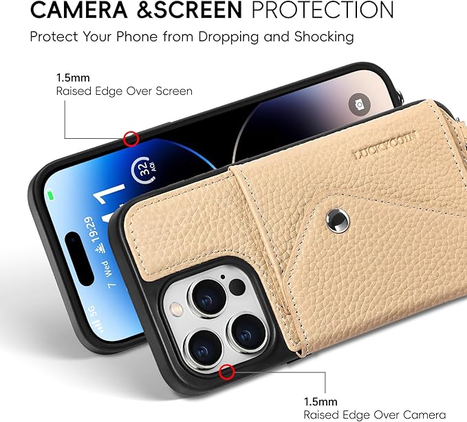 LUCKYCOIN Crossbody Wallet Phone Case for iPhone 14 Pro,100% Genuine Leather Wallet Phone Case with Expandable Flip Card Holder,Phone Purse for Women with Adjustable Removable Strap - Pebble Beige