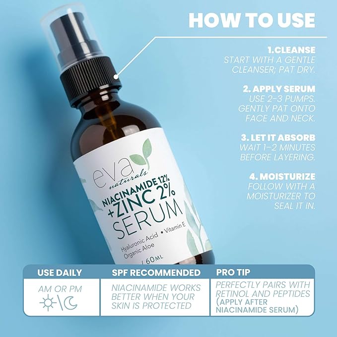 Eva Naturals Niacinamide 12% + Zinc Serum for Face – Dark Spot Remover, Pore Minimizer, Redness Relief, Hydrating Vitamin B3 with Botanical Hyaluronic Acid, Anti-Aging Serum for Clear Skin (2 Pack)