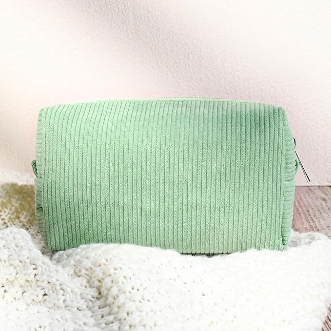 SOIDRAM 2 Pcs Corduroy Makeup Bag Large Cosmetic Bag Toiletry Bag Makeup Pouch Travel Bag Organizer Cute Makeup Brushes Aesthetic Accessories Storage Bag for Women Green