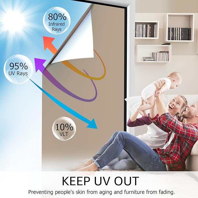 HIDBEA One Way Mirror Window Film, Daytime Privacy Sun Blocking Reflective Window Film Static Cling Heat Control Window Tinting Film for Home and Office, Brown Silver, 35.4 x 393.7 Inch