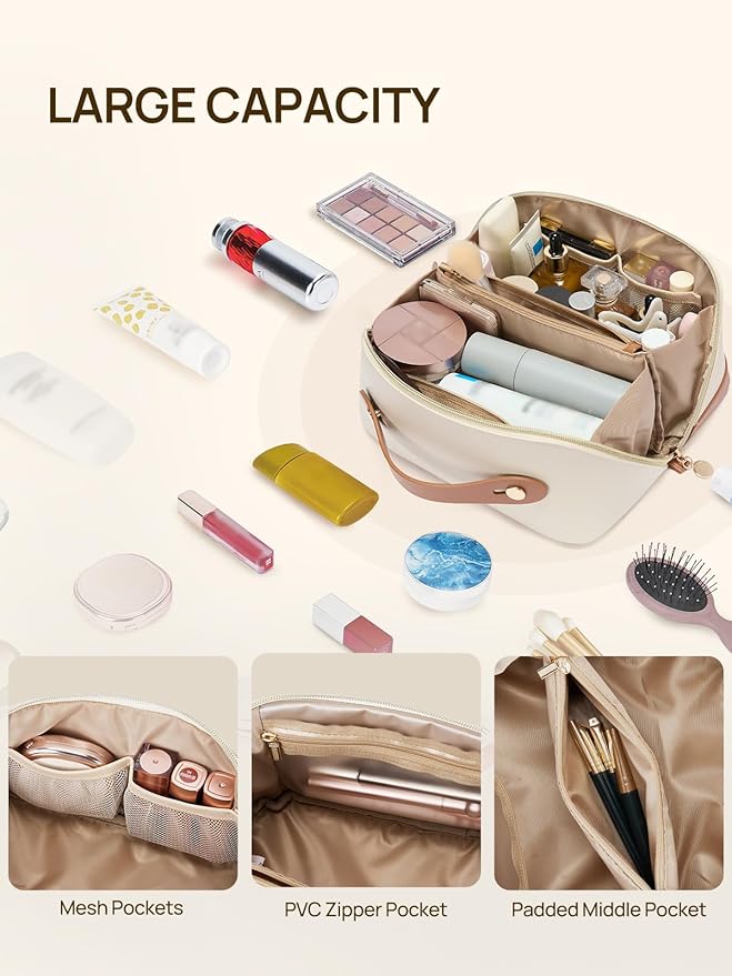 Telena Leather Make Up Bag Portable Travel Makeup Bag Waterproof Cosmetic Bags for Women Large Capacity With Handle and Divider Open Flat
