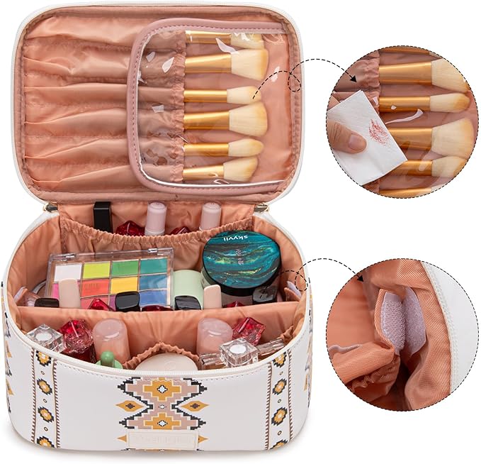 Montana West X Wrangler Travel Makeup Bag 2pcs Set Large Cosmetic Bag with Makeup Brush Holder Portable Make Up Organizer Cute Toiletry Bag with Divider and Handle for Women Aztec