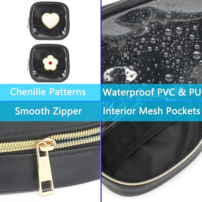 Clear Makeup Bag with 2 Cute Chenille patterns - Waterproof PU Leather Cosmetic Case, Mini Personalized Toiletry Pouch for Women & Teens, ideal for Travel & Gift