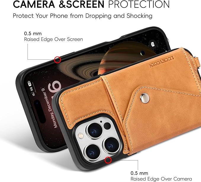 LUCKYCOIN Crossbody Wallet Phone Case for iPhone 16 Pro,100% Genuine Leather Wallet Phone Case with Expandable Flip Card Holder,Phone Purse for Women with Adjustable Removable Strap - Brown