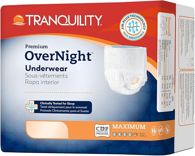 Tranquility Premium OverNight Disposable Absorbent Underwear (16 Count) - L, 44-54 in. Waist - Maximum Absorbency, All-Night Sleep, Breathable Comfort, 16 Adult Diapers