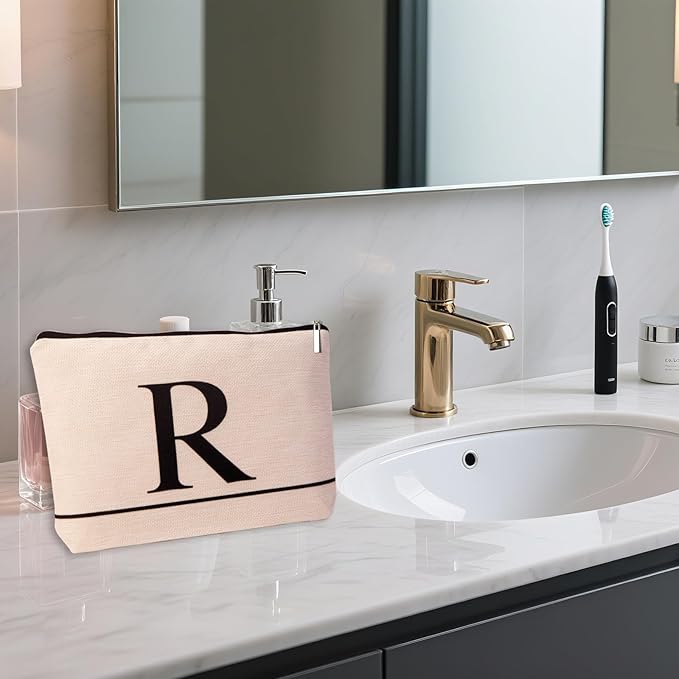 Letter A-Z Initial Personalized Makeup Bags, Birthday Gifts for Women, Monogrammed Gifts for Women Mom Sister Best Friend Bride Bridesmaid, Mothers Day, Christmas, Small Travel Cosmetic Bag (R)