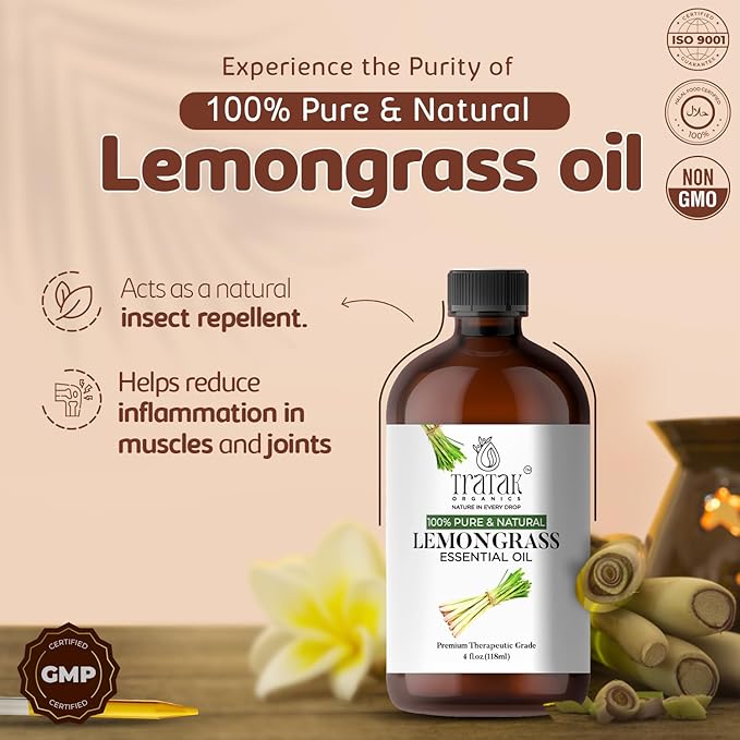 Lemongrass Essential Oil - 4 Fl Oz – 100% Natural Lemongrass Oil - for Diffuser, Face, Skin Care, Aromatherapy, Hair Care, Scalp and Body Massage - with Glass Dropper