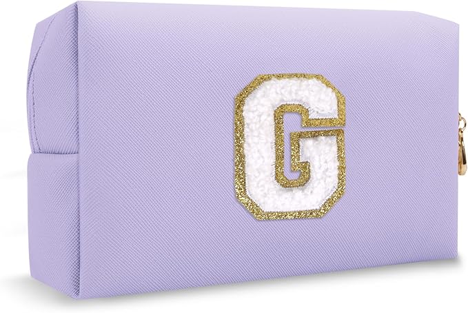 Personalized Initial Preppy Makeup Bag Organizer, Small Cute Purple Cosmetic Zipper Pouch Travel Toiletry Bag,Waterproof PU Monogram Make Up Storage Case Graduation Gifts for Teacher Friends(Letter G)