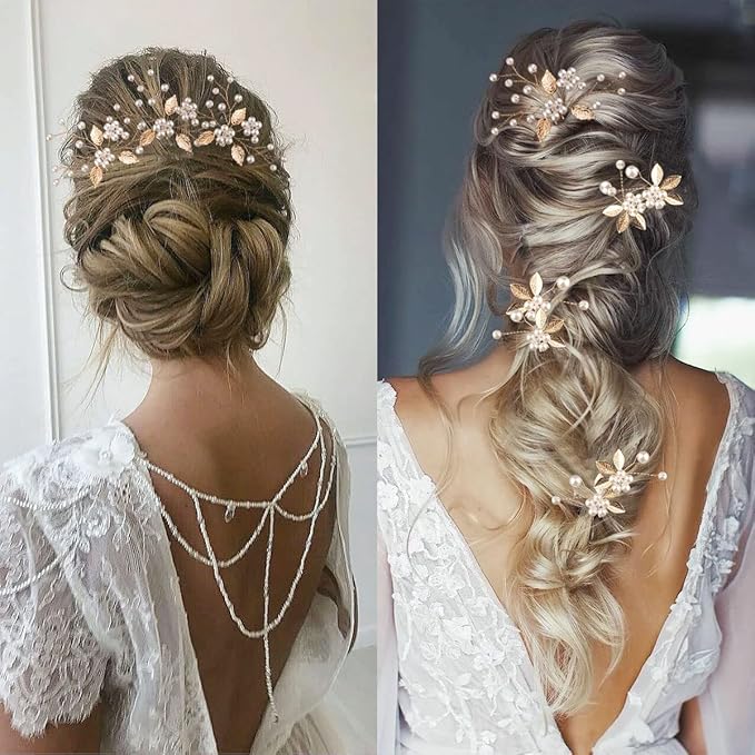 BOYIVI 7 Pieces Wedding Hair Pins Gold Leaf, Elegant Flower Hair Accessories for Brides Bridesmaids Girls Pearl Alloy Material Hair Styling Pins with Crystal, Vintage Bohemian Style
