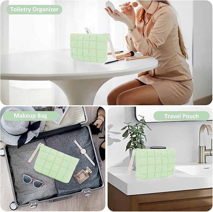 DOB SECHS Puffer Quilted Makeup Bag with Handle Detachable Cute Puffy Cotton Cosmetic Bag for Women, Small Toiletry Zipper Make Up Pouch, Checkered Quilt Clutch Bag Travel Storage Pouches Case, Green
