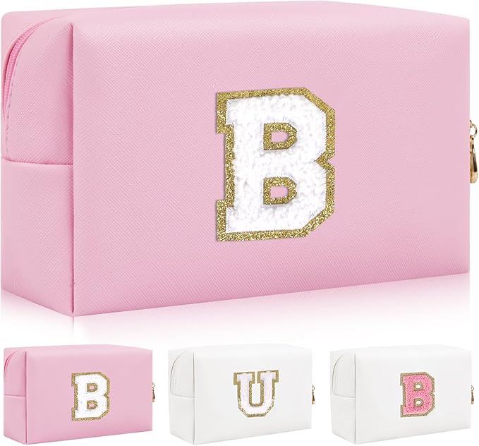 Personalized Initial Letter Patch Makeup Bag, Preppy Portable Chenille Cosmetic Bag with Zipper, PU Leather Waterproof Travel Toiletry Bag Monogram Make Up Pouch for Women Girls