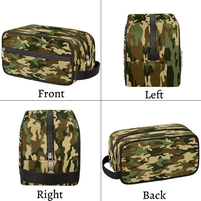 Green Camo Portable Travel Toiletry Bag, Camouflage Print Dopp Kit Cosmetic Organizer Makeup Bag Shower Shaving Bag for Men Women