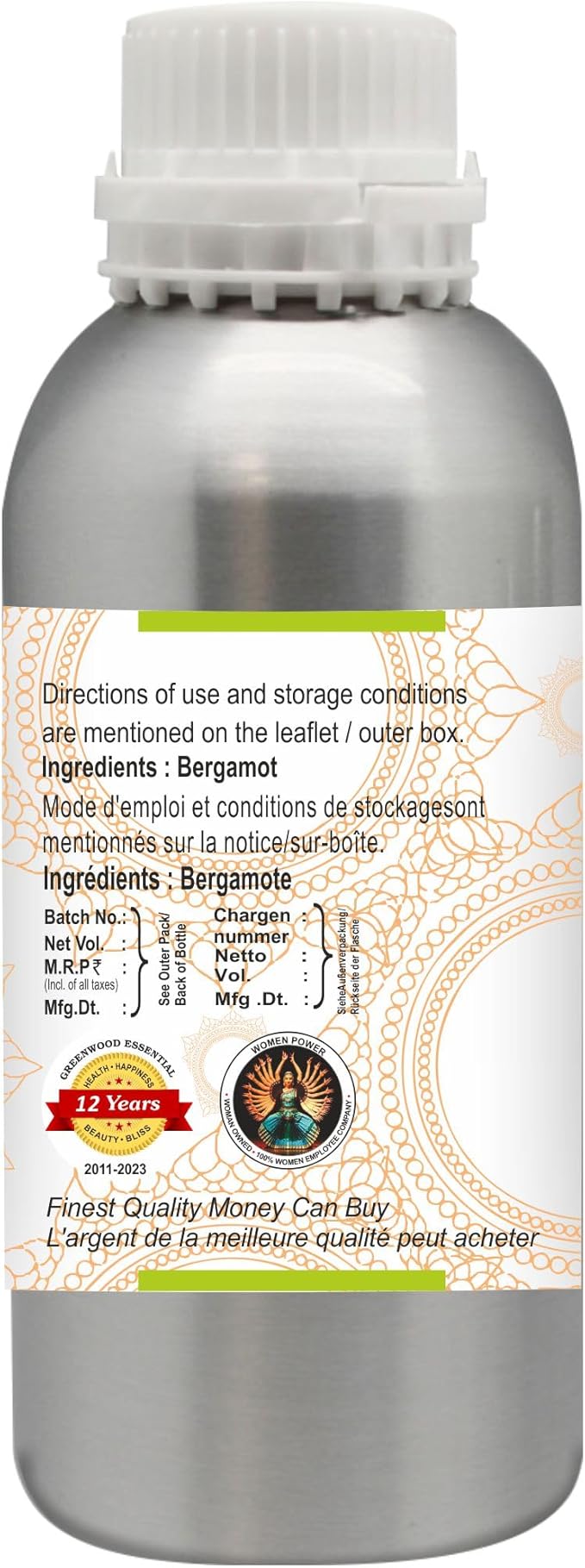 Greenwood Essential Pure Bergamot Essential Oil (Citrus bergamia) Steam Distilled 630ml (21 oz)