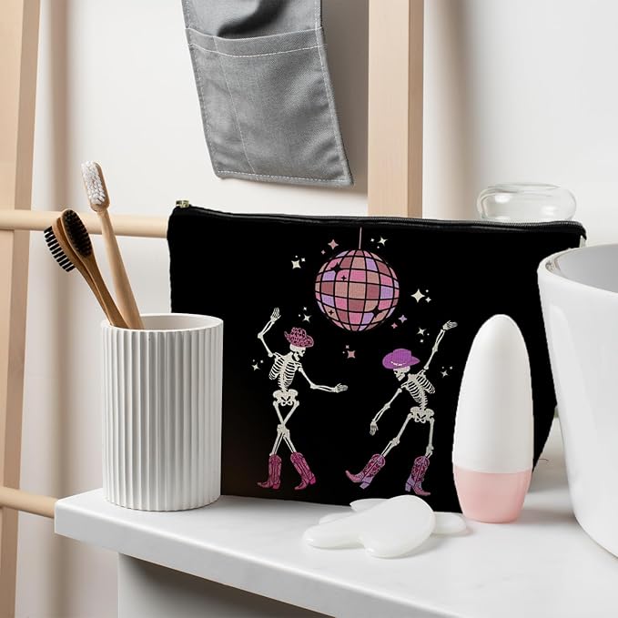 Funny Disco Dancing Skeleton Makeup Bag, Goth Gothic Skull Cosmetic for Women, Halloween Gifts, Dark Academia Makeup Pouch, Horror Bag