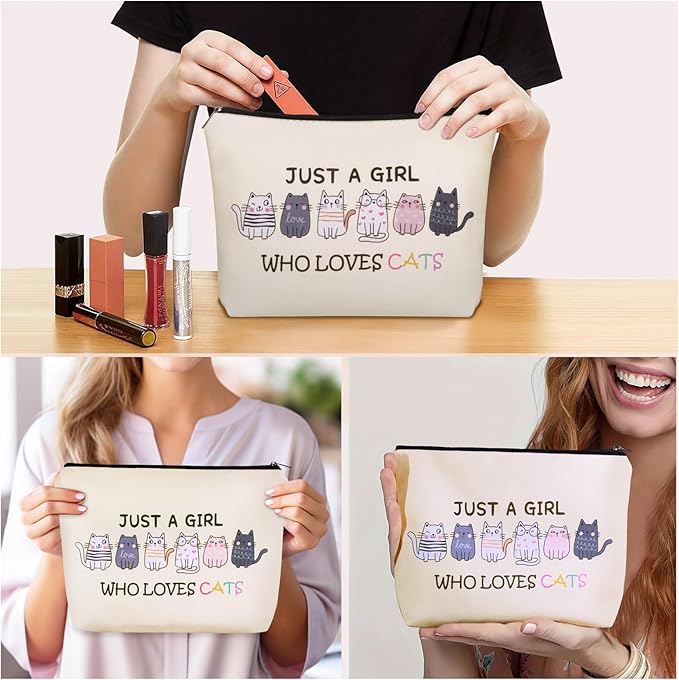 Cat Makeup Bag For Cat Lover Christmas Gift: Cute Cosmetic Bag & Toiletry Pouch Just A Girl Who Love Cats Themd For Mom, Daughters, Friends,Teen Girl & Women.Ideal Gifts For Travel, Birthdays.