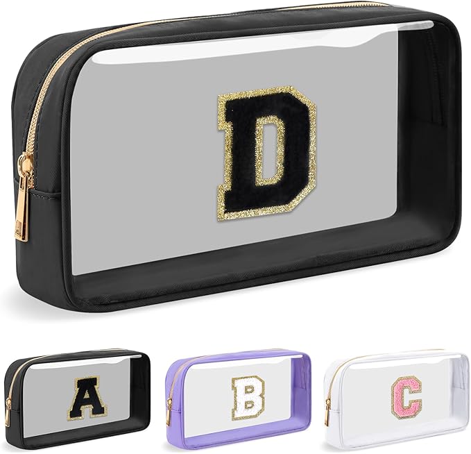 Personalized Initial Letter Clear Makeup Bag,Preppy Small Nylon&PVC Cosmetic Zipper Bag with Chenille Letter,Travel Skincare Toiletry Bag,Monogram Christmas Gift for Teen Girls Women,D