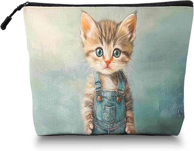 Cosmetic Bags Travel Makeup Toilet Case Waterproof Pouch for Women Girls 6.7X9.45inches - The Adorable Allure of A Kitten in Blue Overalls