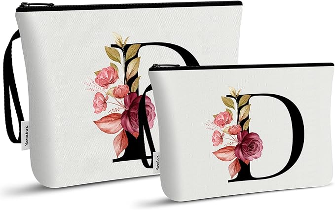 Vavabox A-Z Personalized Makeup Bag, Birthday Gifts for Women Mom, Gifts for Best Friend, Bride Bridesmaid Cosmetic bag (D, 03-White Set)