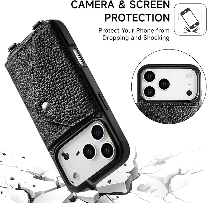 LUCKYCOIN Crossbody Wallet Phone Case for iPhone 17 Pro,100% Genuine Leather Wallet Phone Case with Expandable Flip Card Holder,Phone Purse for Women with Adjustable Removable Strap - Pebble Black