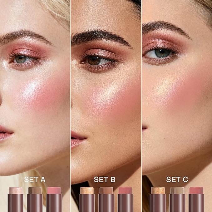 3Pcs Cream Contour Sticks, Shades with Highlighter & Bronzer & Blush, Makeup Kit for Sculpt the Cheeks Long Lasting Dewy & Matte Finish Lightweight Face Contouring Pen LIGHT MEDIUM (SET-B)