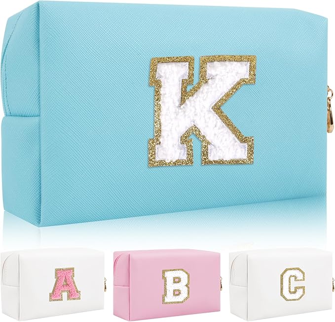 Personalized Initial Letter Patch Makeup Bag, Preppy Portable Chenille Cosmetic Bag with Zipper, PU Leather Waterproof Travel Toiletry Bag Monogram Make Up Pouch for Women Girls