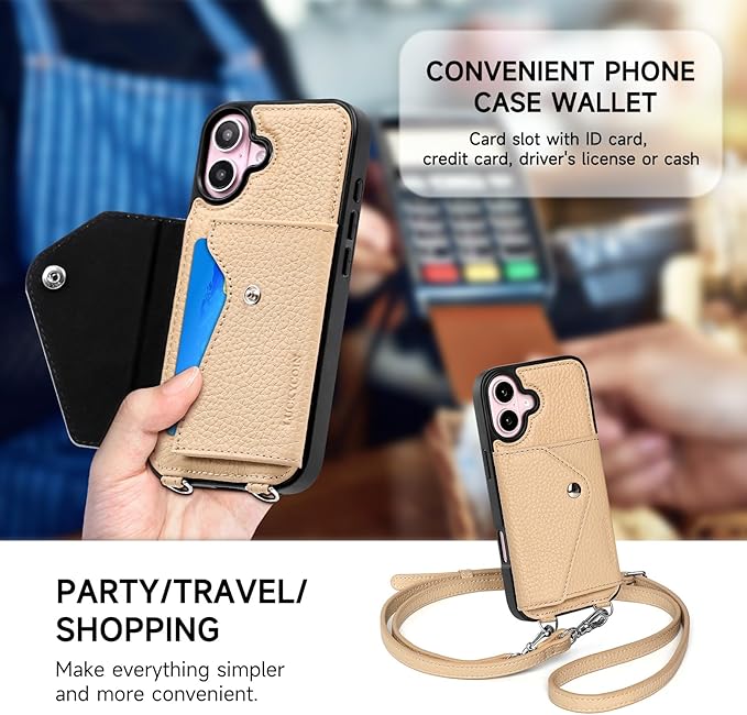 LUCKYCOIN Crossbody Wallet Phone Case for iPhone 16,100% Genuine Leather Wallet Phone Case with Expandable Flip Card Holder,Phone Purse for Women with Adjustable Removable Strap - Pebble Beige