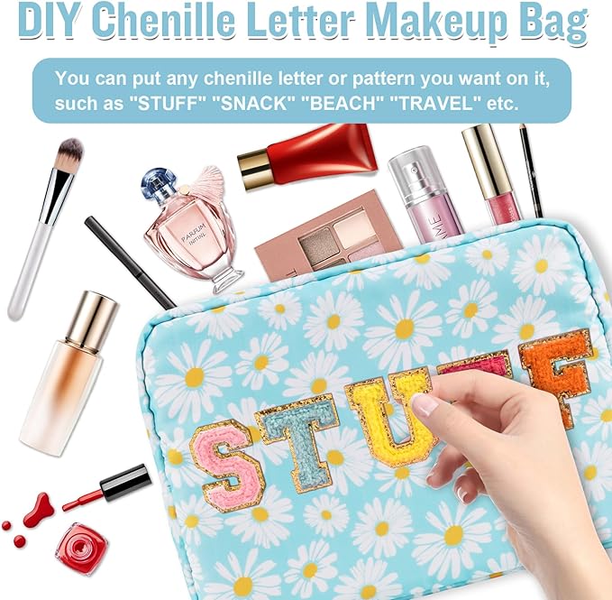 Nylon Large Floral Makeup Organizer Bag, Preppy Big Cute Flower Cosmetic Zipper Pouch Multi-compartment with Dividers, Waterproof Toiletry Make Up Brushes Bag Travel Essentials for Women(Blue-Daisy)