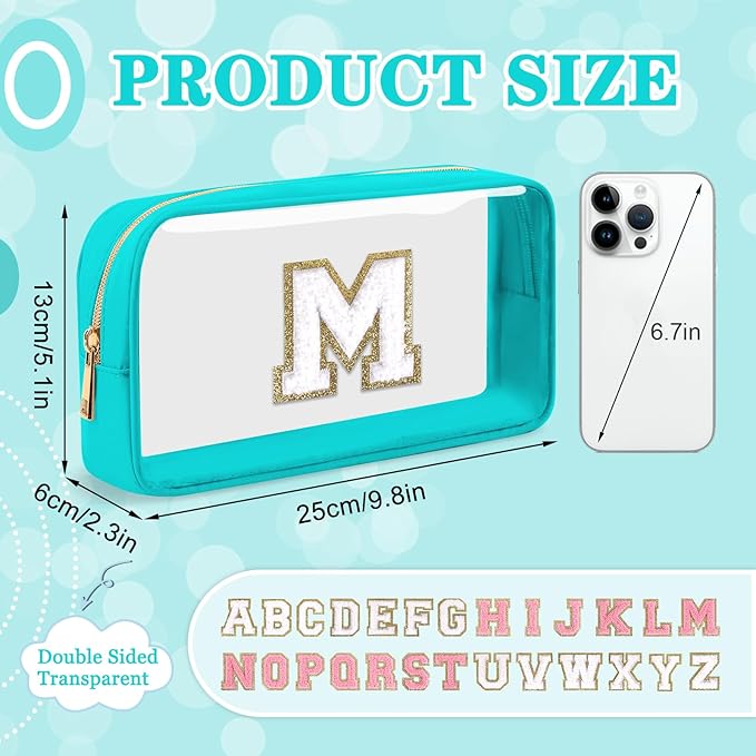 Small Clear Personalized Initial Makeup Bag,Nylon Preppy A-Z Chenille Letter Patch Cosmetic Pouch Beach Toiletry Bag,Waterproof Zipper Travel Purse Storage Bag Organizer for Women Girls(Cyan-White M)