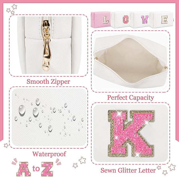 Initial Letter Patch Makeup Bag, Small Preppy A-Z Glitter Letter Cosmetic Bag, PU Leather Waterproof Travel Toiletry Bag, Cute Make Up Pouch Personalized Monogrammed Gift for Women Teen Girls