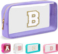 Small Clear Personalized Initial Makeup Bag,Nylon Preppy A-Z Chenille Letter Patch Cosmetic Pouch Beach Toiletry Bag,Waterproof Zip Travel Purse Storage Bag Organizer for Women Girls(Purple-White B)