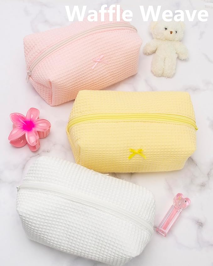 PAZIMIIK 6PCS Cozy Makeup Bag Travel Cosmetic Bag for Women Soft Toiletry Bag Aesthetic Makeup Organizer Portable Large Zipper Pouch for Skincare Beauty Accessories Brushes Waffle Check Yellow