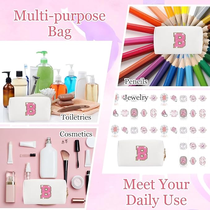 Small Personalized Glitter Initial Letter Makeup Bag, Cute PU Leather Chenille Letters Cosmetic Bag Travel Makeup Pouch, Preppy Travel Organizer Zipper Pouch for Women&Girls（WhiteRosePink-B）