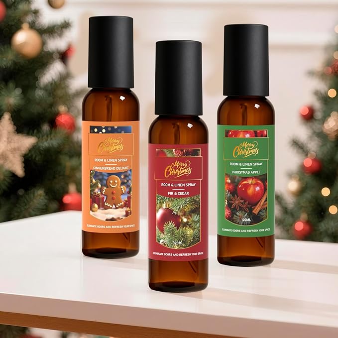 Linen and Room Spray, Fir & Cedar, Gingerbread, Christmas Apple, Long-Lasting Air Freshener for Home, Bedding, Concentrated Room Fragrance Spray, Odor Eliminator, 3 x 4.06 fl oz
