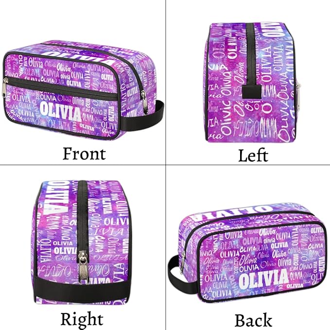 Custom Travel Cosmetic Bag with Name, Personalized Large Capacity Weekend Toiletry Bag Portable Bathroom Makeup Organizer, Watercolor Purple Galaxy
