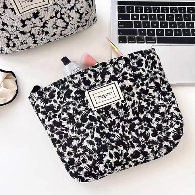STARDW Aesthetic Floral Makeup Bag Cute Small Cosmetic Bags for Women Girls, Travel Toiletry Bag Large Capacity Zipper Makeup Pouch, Purse Organizer Pouches (Black Flowers)