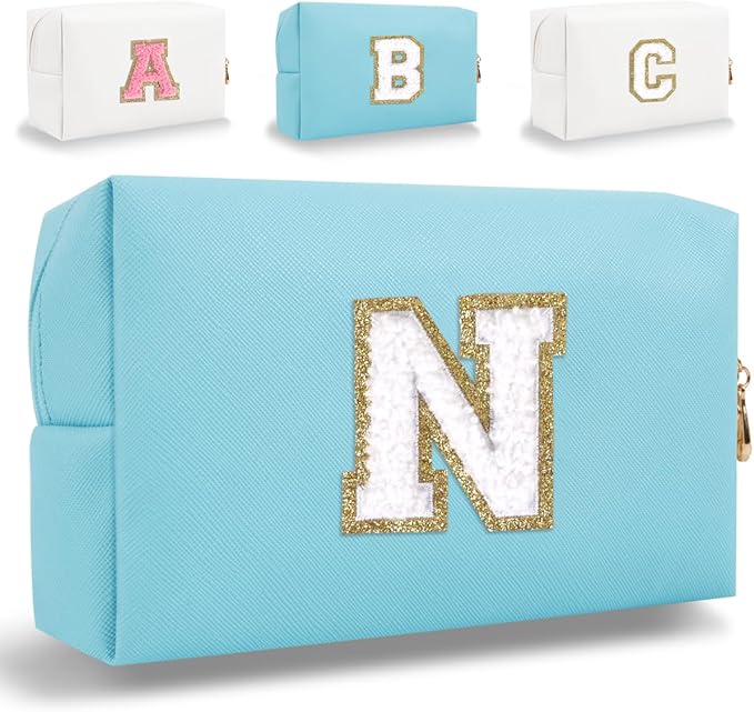 Small Personalized Letter Makeup Bag, Cute PU Leather Chenille Letters Cosmetic Bag Travel Makeup Pouch, Preppy Travel Organizer Zipper Pouch for Women&Girls（Blue-N）