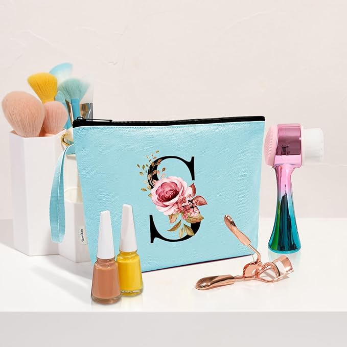 Vavabox A-Z Personalized Makeup Bag, Birthday Gifts for Women Mom, Gifts for Best Friend, Bride Bridesmaid Cosmetic bag (S, Green)