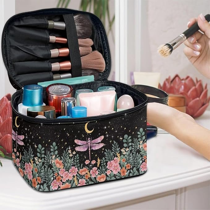 Dragonfly Floral Moon Pattern Makeup Bag Travel Cosmetic Bag with Zipper and Handle Portable Large Capacity Toiletry Case for Women Ladies Travel Accessories