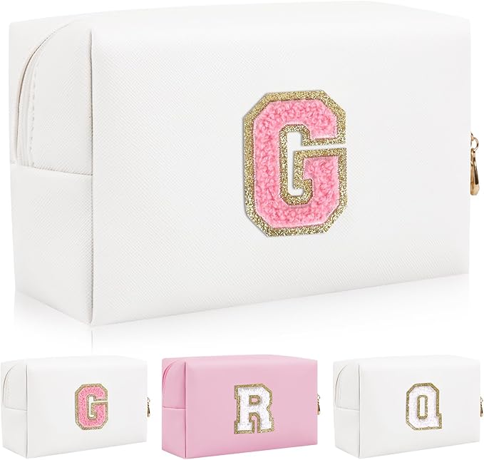 Personalized Initial Letter Patch Makeup Bag, Preppy Portable Chenille Letter Cosmetic Bag with Zipper, PU Leather Waterproof Travel Toiletry Bag Monogram Make Up Pouch for Women Girls(Letter G)