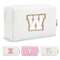 Small Personalized Initial A-Z Preppy Patch Makeup Bag,White PU Chenille Letter Travel Cosmetic Pouch with Zipper,Cute Toiletry Bag,Gift Ideal for Teen Girls Women Teacher Bridesmaid,Letter W