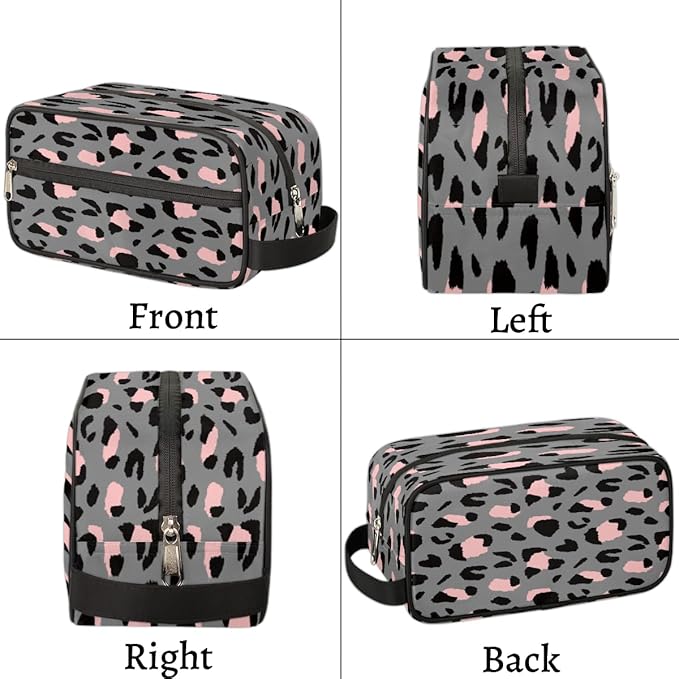 Grey Leopard Cheetah Print Travel Toiletry Bag for Women Men Lightweight Cosmetic Makeup Bag Organizer Waterproof Shaving Bag Dopp Kit with Large Capacity for Toiletries and Shaving Accessories